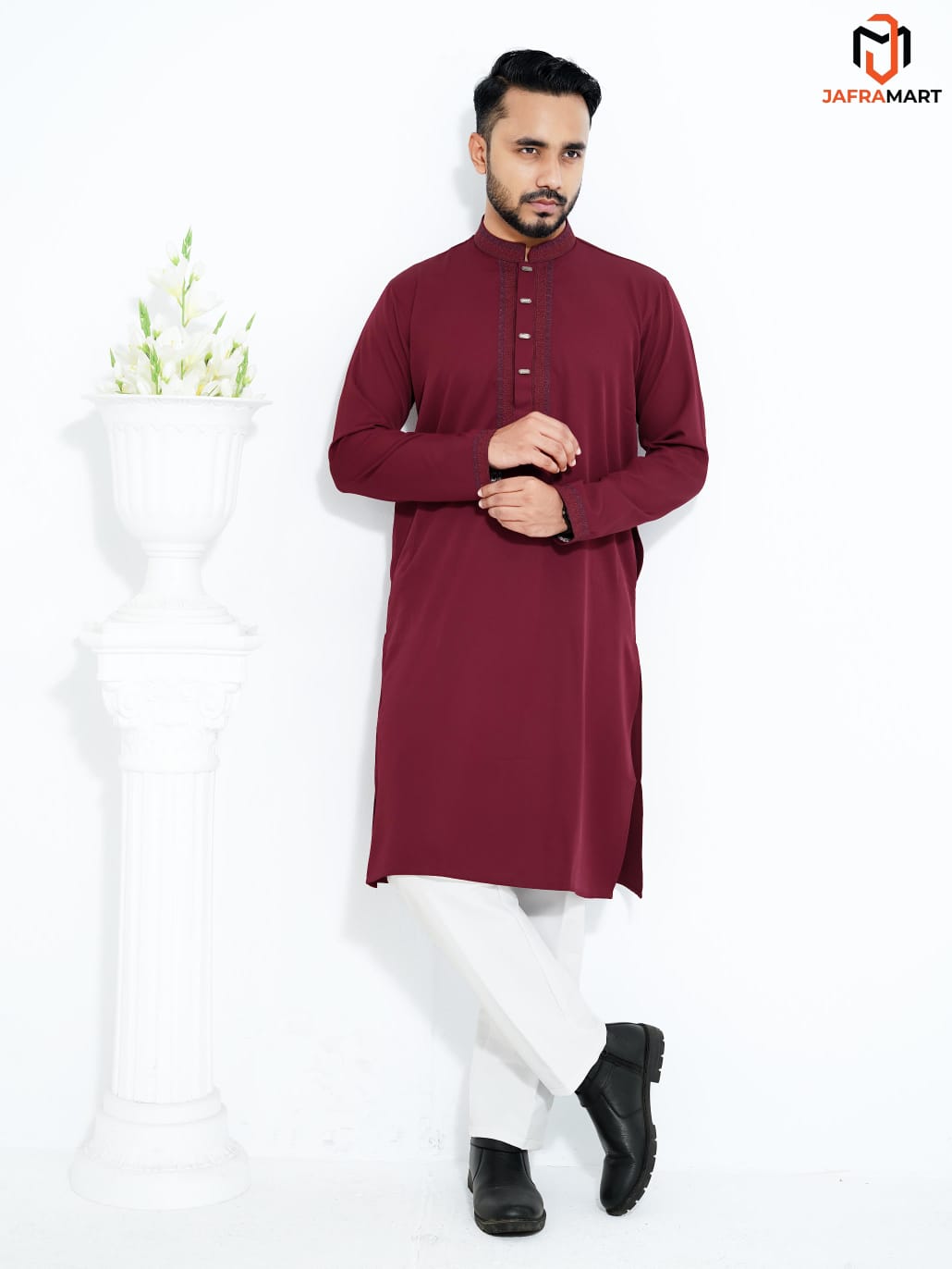 Premium Cotton Embroidered Luxury Panjabi-0D ( Jam Merun)